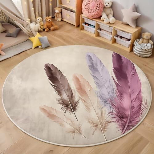 ALTCIRNMD Teppich 3D Druck Rosa Lila Schwebende Federn Teppiche Wohnzimmer Große rutschfest Teppiche Fantasy-Kunst Schlafzimmer Badezimmer Küche Bodenmatte Fußmatte,Rund 100Cm von ALTCIRNMD