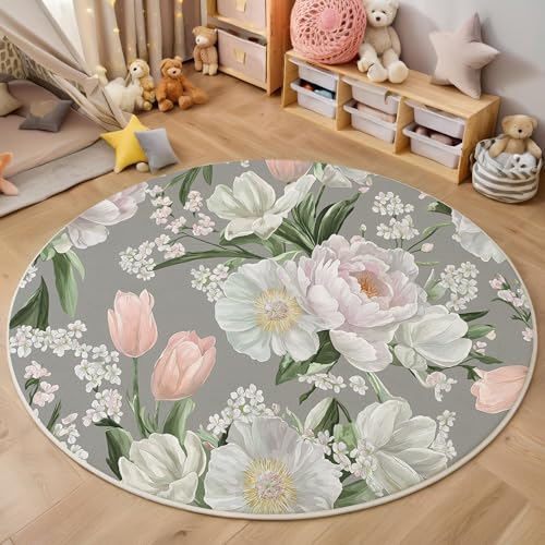ALTCIRNMD Teppich 3D Druck Rosa Pfingstrose Tulpe Teppiche Wohnzimmer Große rutschfest Teppiche Aquarellpflanzen Schlafzimmer Badezimmer Küche Bodenmatte Fußmatte,Rund 140Cm von ALTCIRNMD