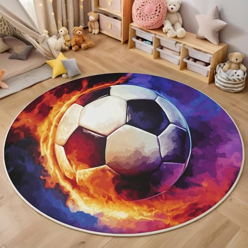 ALTCIRNMD Teppich 3D Druck Rot Blau Feuerwerk Fußball Teppiche Wohnzimmer Große rutschfest Teppiche Fantasy-Sport Schlafzimmer Badezimmer Küche Bodenmatte Fußmatte,Rund 120Cm von ALTCIRNMD