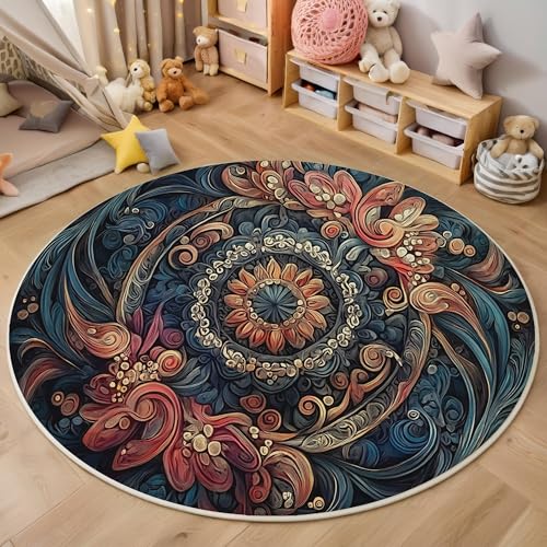 ALTCIRNMD Teppich 3D Druck Rot Blau Wirbelndes Mandala Teppiche Wohnzimmer Große rutschfest Teppiche Natürliche Pflanzen Schlafzimmer Badezimmer Küche Bodenmatte Fußmatte,Rund 140Cm von ALTCIRNMD