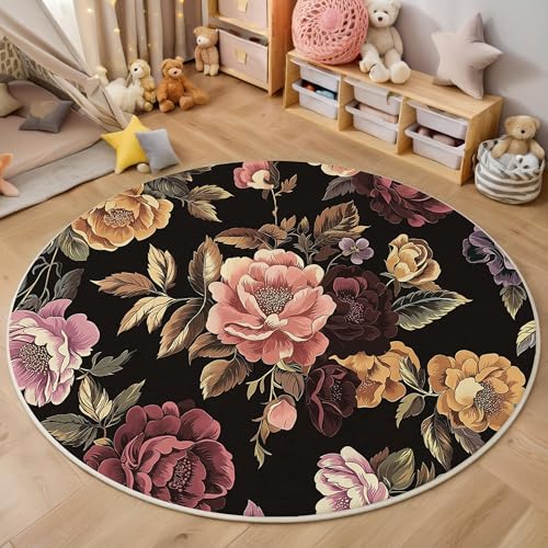 ALTCIRNMD Teppich 3D Druck Rot Gelb Rosenpfingstrose Teppiche Wohnzimmer Große rutschfest Teppiche Retro-Pflanzen Schlafzimmer Badezimmer Küche Bodenmatte Fußmatte,Rund 140Cm von ALTCIRNMD