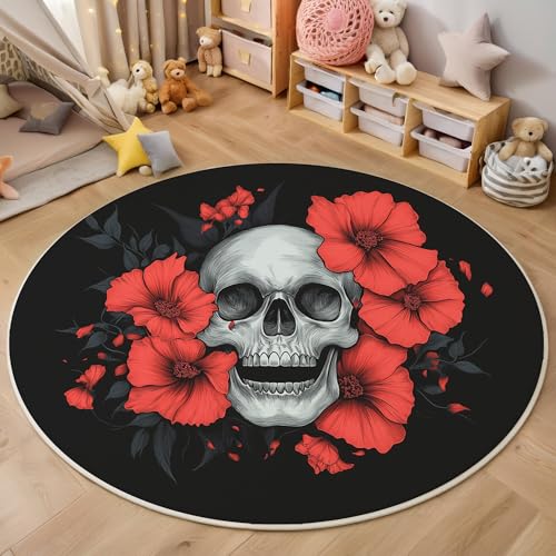 ALTCIRNMD Teppich 3D Druck Rot Weiß Blumenschädel Teppiche Wohnzimmer Große rutschfest Teppiche Cartoon-Kunst Schlafzimmer Badezimmer Küche Bodenmatte Fußmatte,Rund 200Cm von ALTCIRNMD
