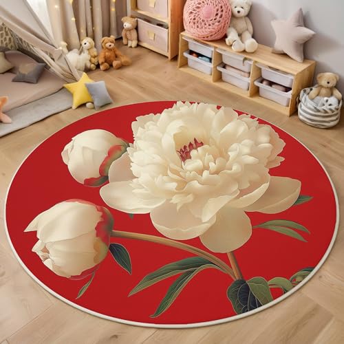 ALTCIRNMD Teppich 3D Druck Rot Weiß Grüne Blätter Der Pfingstrose Teppiche Wohnzimmer Große rutschfest Teppiche Minimalistische Pflanzen Schlafzimmer Badezimmer Küche Bodenmatte Fußmatte,Rund 120Cm von ALTCIRNMD