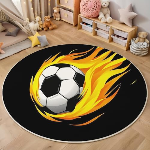 ALTCIRNMD Teppich 3D Druck Schwarz Gelb Flammenfußball Teppiche Wohnzimmer Große rutschfest Teppiche Persönlichkeit Sport Schlafzimmer Badezimmer Küche Bodenmatte Fußmatte,Rund 100Cm von ALTCIRNMD
