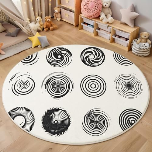 ALTCIRNMD Teppich 3D Druck Schwarz Weiß Einfache Spirale Teppiche Wohnzimmer Große rutschfest Teppiche Minimal Art Schlafzimmer Badezimmer Küche Bodenmatte Fußmatte,Rund 100Cm von ALTCIRNMD