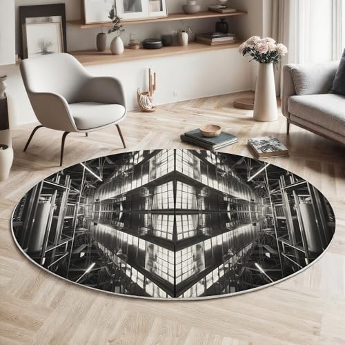 ALTCIRNMD Teppich 3D Druck Schwarz Weiß Gebäudeaufzug Teppiche Wohnzimmer Große rutschfest Teppiche Symmetrisches Kaleidoskop Schlafzimmer Badezimmer Küche Bodenmatte Fußmatte,Rund 120Cm von ALTCIRNMD