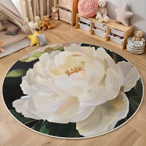 ALTCIRNMD Teppich 3D Druck Schwarz Weiß Grüne Blätter Der Pfingstrose Teppiche Wohnzimmer Große rutschfest Teppiche Elegante Pflanzen Schlafzimmer Badezimmer Küche Bodenmatte Fußmatte,Rund 140Cm von ALTCIRNMD