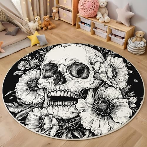 ALTCIRNMD Teppich 3D Druck Schwarz Weiß Totenkopfblumen Teppiche Wohnzimmer Große rutschfest Teppiche Gotische Pflanzen Schlafzimmer Badezimmer Küche Bodenmatte Fußmatte,Rund 140Cm ALTCIRNMD Teppich 3D Druck Schwarz Weiß Totenkopfblumen Teppiche Wohnzimmer Große rutschfest Teppiche Gotische Pflanzen Schlafzimmer Badezimmer Küche Bodenmatte Fußmatte,Rund 140Cm von ALTCIRNMD