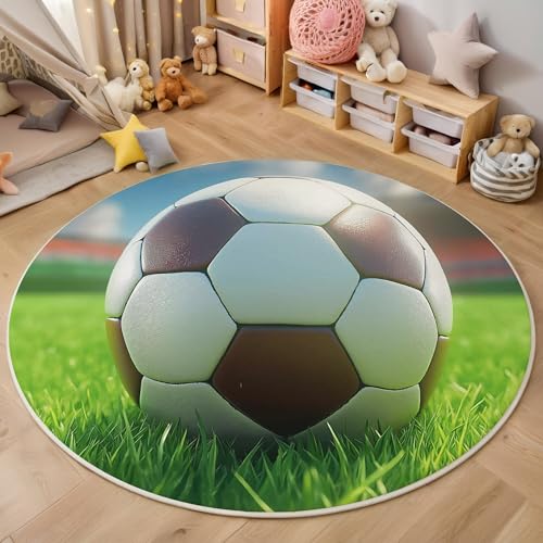 ALTCIRNMD Teppich 3D Druck Weiß Grün Rasenfußball Teppiche Wohnzimmer Große rutschfest Teppiche Cartoon-Illustrationen Schlafzimmer Badezimmer Küche Bodenmatte Fußmatte,Rund 140Cm von ALTCIRNMD