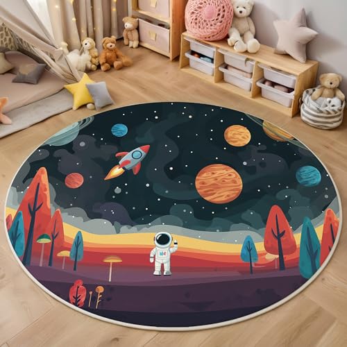 ALTCIRNMD Teppich Astronauten-Raumschiff Für Teenager 3D Cartoon-Illustration Teppich Schlafzimmer Wohnzimmer Dekoration Innenmatte Waschbar Rot rutschfeste Matte,120Cm von ALTCIRNMD