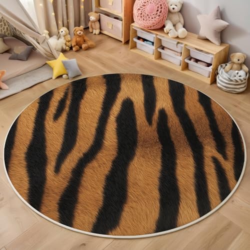 ALTCIRNMD Teppich Gestreifter Tiger Für Teenager 3D Fellstruktur Teppich Schlafzimmer Wohnzimmer Dekoration Innenmatte Waschbar Dunkelbraun rutschfeste Matte,120Cm von ALTCIRNMD
