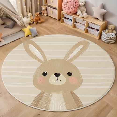 ALTCIRNMD Teppich Gestreiftes Häschen Für Teenager 3D Illustration Tiere Teppich Schlafzimmer Wohnzimmer Dekoration Innenmatte Waschbar Cremefarben rutschfeste Matte,140Cm von ALTCIRNMD