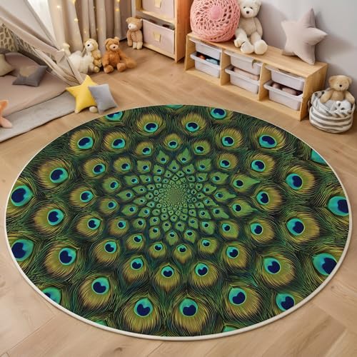 ALTCIRNMD Teppich Kaleidoskop Pfauenfeder Für Teenager 3D Visuelle Symmetrie Teppich Schlafzimmer Wohnzimmer Dekoration Innenmatte Waschbar Blaugrün rutschfeste Matte,120Cm von ALTCIRNMD