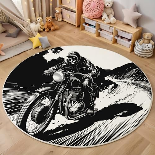 ALTCIRNMD Teppich Linie Motorrad Für Teenager 3D Retro-Charaktere Teppich Schlafzimmer Wohnzimmer Dekoration Innenmatte Waschbar Schwarz Und Weiß rutschfeste Matte,200Cm von ALTCIRNMD
