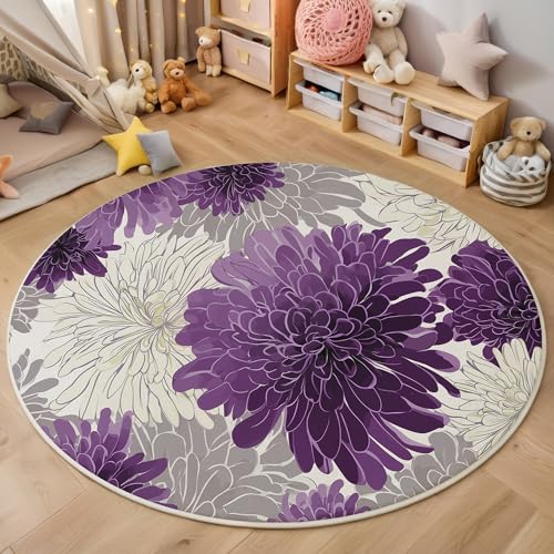 ALTCIRNMD Teppich Linienchrysantheme Für Teenager 3D Natürliche Pflanzen Teppich Schlafzimmer Wohnzimmer Dekoration Innenmatte Waschbar Grau Lila rutschfeste Matte,100Cm von ALTCIRNMD