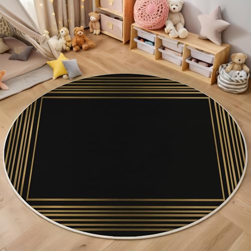 ALTCIRNMD Teppich Linienrechteck Für Teenager 3D Unregelmäßige Geometrie Teppich Schlafzimmer Wohnzimmer Dekoration Innenmatte Waschbar Schwarz Und Gold rutschfeste Matte,100Cm von ALTCIRNMD