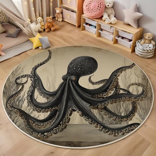 ALTCIRNMD Teppich Oktopus-Illustration Für Teenager 3D Retro-Tuschemalerei Teppich Schlafzimmer Wohnzimmer Dekoration Innenmatte Waschbar Bräunen rutschfeste Matte,160Cm von ALTCIRNMD
