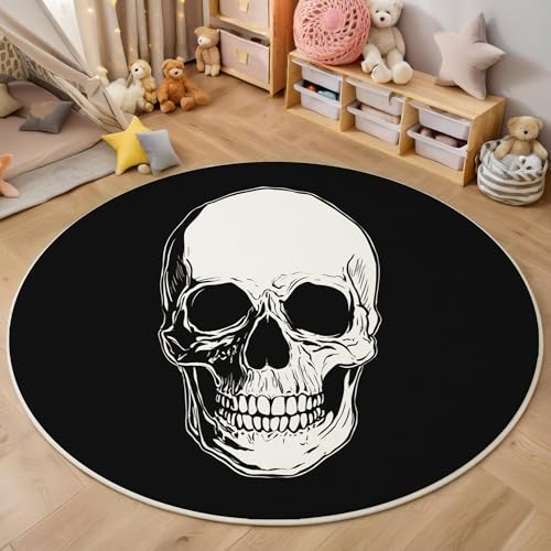 ALTCIRNMD Teppich Personalisierter Totenkopf Für Teenager 3D Cartoon-Kunst Teppich Schlafzimmer Wohnzimmer Dekoration Innenmatte Waschbar Schwarz Und Weiß rutschfeste Matte,180Cm von ALTCIRNMD