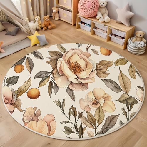 ALTCIRNMD Teppich Rund Beige Blumen Und Grüne Blätter Reppich Schlafzimmer,Innenbereich 3D Aquarellpflanzen Waschbarer rutschfest Flur Weich Fußmatte Für Wohnzimmer,Kinderzimmer,Büro Küche,180Cm von ALTCIRNMD