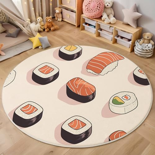 ALTCIRNMD Teppich Rund Beige Japanisches Sushi Reppich Schlafzimmer,Innenbereich 3D Cartoon-Essen Waschbarer rutschfest Flur Weich Fußmatte Für Wohnzimmer,Kinderzimmer,Büro Küche,140Cm von ALTCIRNMD