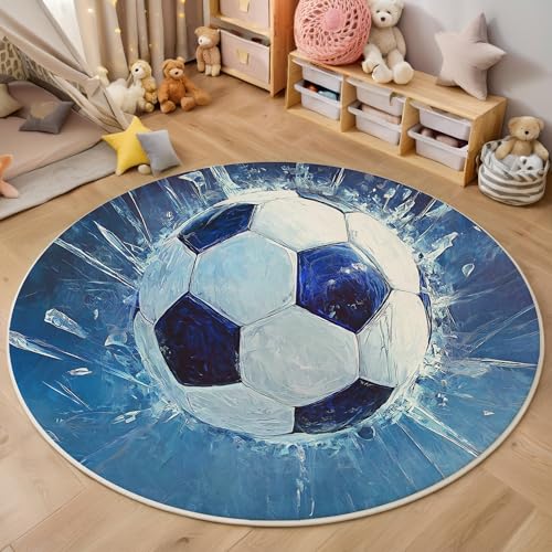 ALTCIRNMD Teppich Rund Blau Weiß Eiskristall-Fußball Reppich Schlafzimmer,Innenbereich 3D Abstrakte Kunst Waschbarer rutschfest Flur Weich Fußmatte Für Wohnzimmer,Kinderzimmer,Büro Küche,100Cm von ALTCIRNMD
