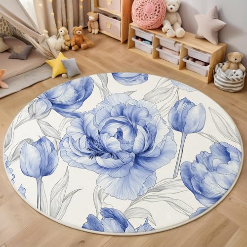 ALTCIRNMD Teppich Rund Blau Weiß Pfingstrose Tulpe Reppich Schlafzimmer,Innenbereich 3D Aquarellpflanzen Waschbarer rutschfest Flur Weich Fußmatte Für Wohnzimmer,Kinderzimmer,Büro Küche,200Cm ALTCIRNMD Teppich Rund Blau Weiß Pfingstrose Tulpe Reppich Schlafzimmer,Innenbereich 3D Aquarellpflanzen Waschbarer rutschfest Flur Weich Fußmatte Für Wohnzimmer,Kinderzimmer,Büro Küche,200Cm von ALTCIRNMD