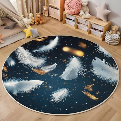 ALTCIRNMD Teppich Rund Blau Weiß Schwebende Federn Reppich Schlafzimmer,Innenbereich 3D Magische Kunst Waschbarer rutschfest Flur Weich Fußmatte Für Wohnzimmer,Kinderzimmer,Büro Küche,200Cm von ALTCIRNMD