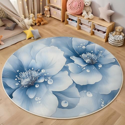 ALTCIRNMD Teppich Rund Blau Weiß Wassertropfenrose Reppich Schlafzimmer,Innenbereich 3D Elegante Pflanzen Waschbarer rutschfest Flur Weich Fußmatte Für Wohnzimmer,Kinderzimmer,Büro Küche,180Cm von ALTCIRNMD