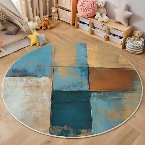 ALTCIRNMD Teppich Rund Blaubraun Farbblockstruktur Reppich Schlafzimmer,Innenbereich 3D Abstrakte Geometrie Waschbarer rutschfest Flur Weich Fußmatte Für Wohnzimmer,Kinderzimmer,Büro Küche,160Cm von ALTCIRNMD