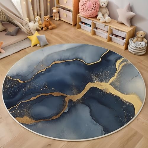 ALTCIRNMD Teppich Rund Blaugold Linearer Marmor Reppich Schlafzimmer,Innenbereich 3D Abstraktes Aquarell Waschbarer rutschfest Flur Weich Fußmatte Für Wohnzimmer,Kinderzimmer,Büro Küche,180Cm von ALTCIRNMD