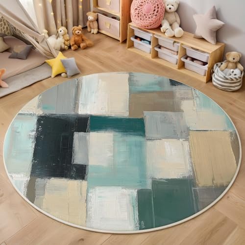ALTCIRNMD Teppich Rund Blaugrau Blockgeometrie Reppich Schlafzimmer,Innenbereich 3D Abstraktes Ölgemälde Waschbarer rutschfest Flur Weich Fußmatte Für Wohnzimmer,Kinderzimmer,Büro Küche,140Cm von ALTCIRNMD