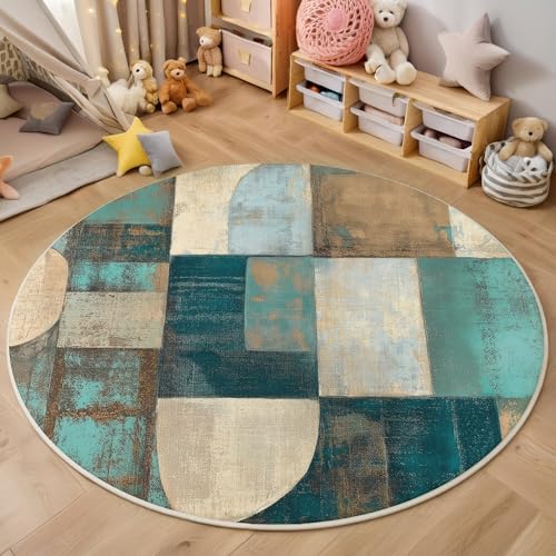 ALTCIRNMD Teppich Rund Blaugrün Geometrie Zusammenfügen Reppich Schlafzimmer,Innenbereich 3D Abstrakte Kunst Waschbarer rutschfest Flur Weich Fußmatte Für Wohnzimmer,Kinderzimmer,Büro Küche,200Cm von ALTCIRNMD