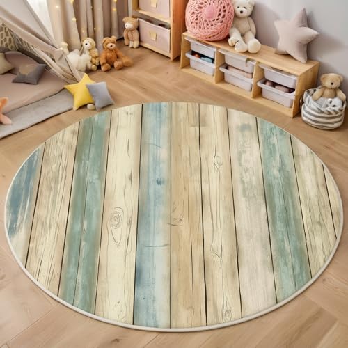 ALTCIRNMD Teppich Rund Blaugrün Holzbrettstruktur Reppich Schlafzimmer,Innenbereich 3D Ländliche Kunst Waschbarer rutschfest Flur Weich Fußmatte Für Wohnzimmer,Kinderzimmer,Büro Küche,120Cm von ALTCIRNMD