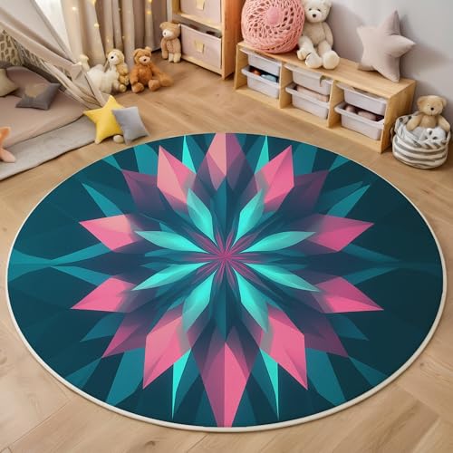 ALTCIRNMD Teppich Rund Blaugrün Symmetrische Geometrie Reppich Schlafzimmer,Innenbereich 3D Abstrakte Kunst Waschbarer rutschfest Flur Weich Fußmatte Für Wohnzimmer,Kinderzimmer,Büro Küche,160Cm von ALTCIRNMD