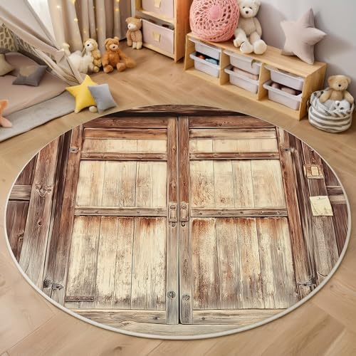 ALTCIRNMD Teppich Rund Braun Retro-Holztür Reppich Schlafzimmer,Innenbereich 3D Landhausstil Waschbarer rutschfest Flur Weich Fußmatte Für Wohnzimmer,Kinderzimmer,Büro Küche,200Cm von ALTCIRNMD