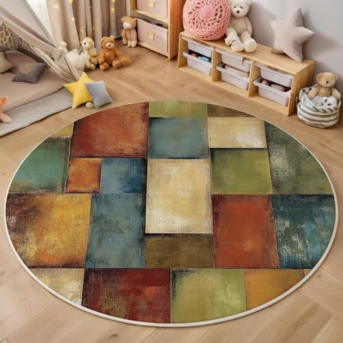 ALTCIRNMD Teppich Rund Braungrün Rechteckiger Farbblock Reppich Schlafzimmer,Innenbereich 3D Abstrakte Geometrie Waschbarer rutschfest Flur Weich Fußmatte Für Wohnzimmer,Kinderzimmer,Büro Küche,160Cm von ALTCIRNMD