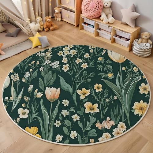 ALTCIRNMD Teppich Rund Gelbgrün Frische Blumen Reppich Schlafzimmer,Innenbereich 3D Retro-Pflanzen Waschbarer rutschfest Flur Weich Fußmatte Für Wohnzimmer,Kinderzimmer,Büro Küche,120Cm von ALTCIRNMD