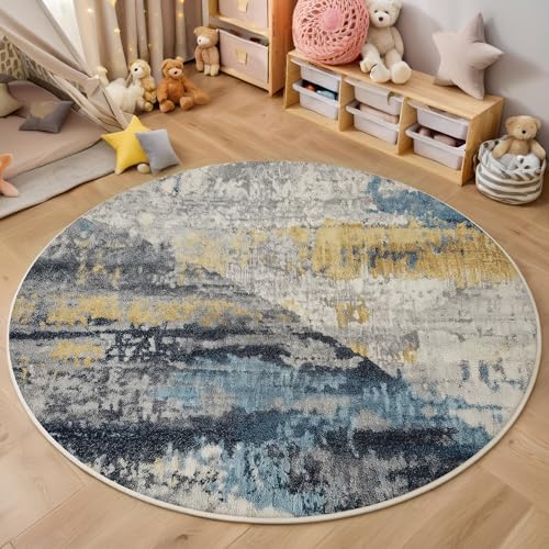 ALTCIRNMD Teppich Rund Graublau Abstrakte Textur Reppich Schlafzimmer,Innenbereich 3D Moderne Kunst Waschbarer rutschfest Flur Weich Fußmatte Für Wohnzimmer,Kinderzimmer,Büro Küche,100Cm von ALTCIRNMD