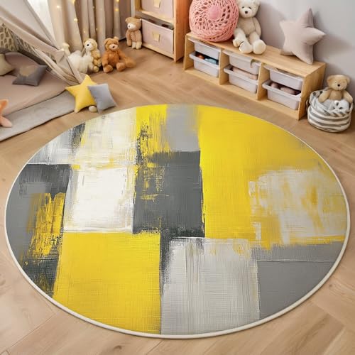 ALTCIRNMD Teppich Rund Graugelb Farbblockstriche Reppich Schlafzimmer,Innenbereich 3D Moderne Abstraktion Waschbarer rutschfest Flur Weich Fußmatte Für Wohnzimmer,Kinderzimmer,Büro Küche,120Cm von ALTCIRNMD