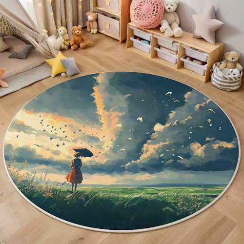 ALTCIRNMD Teppich Rund Grün Wiesenvögel Reppich Schlafzimmer,Innenbereich 3D Fantasy-Charaktere Waschbarer rutschfest Flur Weich Fußmatte Für Wohnzimmer,Kinderzimmer,Büro Küche,180Cm von ALTCIRNMD