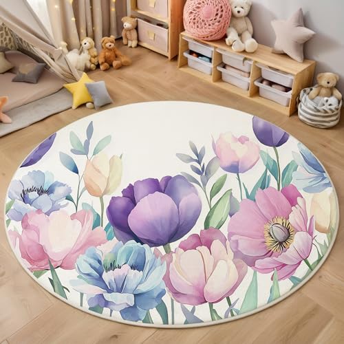 ALTCIRNMD Teppich Rund Rosa Lila Pfingstrose Tulpe Reppich Schlafzimmer,Innenbereich 3D Aquarellillustration Waschbarer rutschfest Flur Weich Fußmatte Für Wohnzimmer,Kinderzimmer,Büro Küche,140Cm von ALTCIRNMD