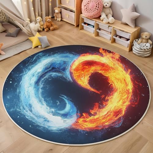ALTCIRNMD Teppich Rund Rot Blau EIS- Und Feuersymbole Reppich Schlafzimmer,Innenbereich 3D Spot Check Art Waschbarer rutschfest Flur Weich Fußmatte Für Wohnzimmer,Kinderzimmer,Büro Küche,140Cm von ALTCIRNMD
