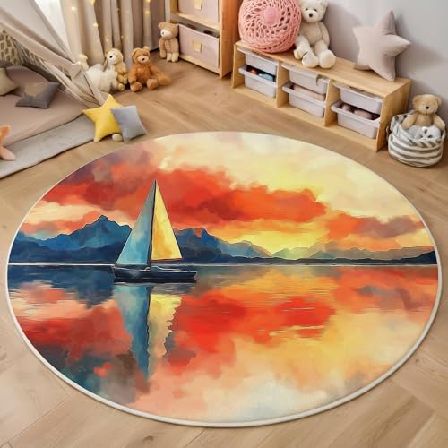 ALTCIRNMD Teppich Rund Rot Blau Seesegeln Reppich Schlafzimmer,Innenbereich 3D Verträumte Landschaft Waschbarer rutschfest Flur Weich Fußmatte Für Wohnzimmer,Kinderzimmer,Büro Küche,200Cm von ALTCIRNMD
