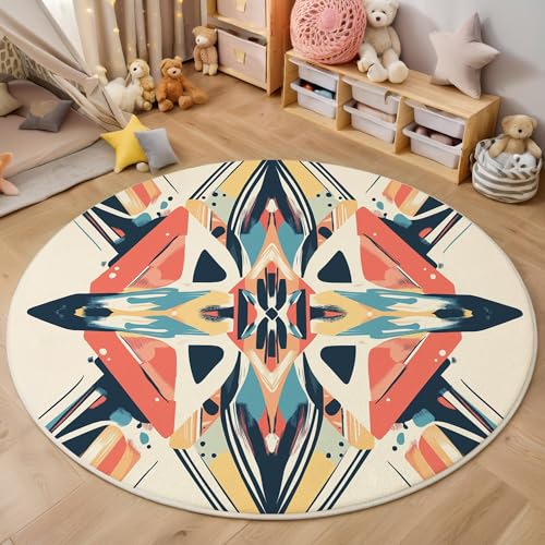 ALTCIRNMD Teppich Rund Rot Blau Symmetrische Linien Reppich Schlafzimmer,Innenbereich 3D Abstrakte Geometrie Waschbarer rutschfest Flur Weich Fußmatte Für Wohnzimmer,Kinderzimmer,Büro Küche,140Cm von ALTCIRNMD
