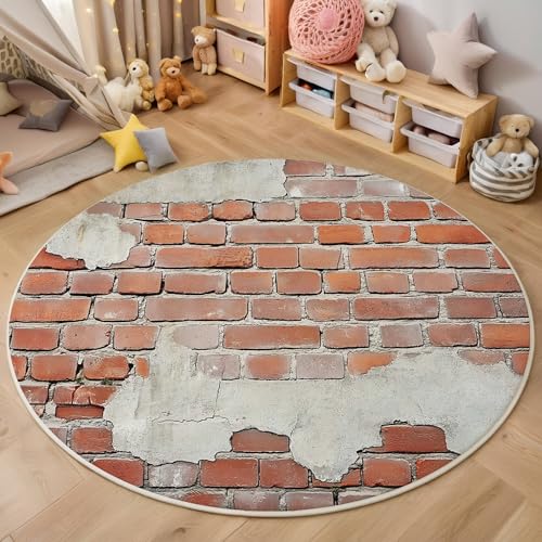 ALTCIRNMD Teppich Rund Rot Grau Gebrochene Ziegelmauer Reppich Schlafzimmer,Innenbereich 3D Retro-Textur Waschbarer rutschfest Flur Weich Fußmatte Für Wohnzimmer,Kinderzimmer,Büro Küche,120Cm von ALTCIRNMD