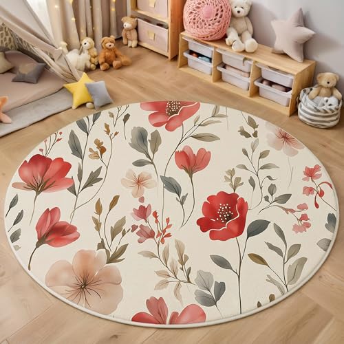 ALTCIRNMD Teppich Rund Rot Rosenblätter Reppich Schlafzimmer,Innenbereich 3D Retro-Aquarell Waschbarer rutschfest Flur Weich Fußmatte Für Wohnzimmer,Kinderzimmer,Büro Küche,200Cm von ALTCIRNMD