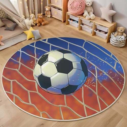 ALTCIRNMD Teppich Rund Schwarz Weiß Torrahmen Fußball Reppich Schlafzimmer,Innenbereich 3D Cartoon-Illustration Waschbarer rutschfest Flur Weich Fußmatte Für Wohnzimmer,Kinderzimmer,Büro Küche,100Cm von ALTCIRNMD