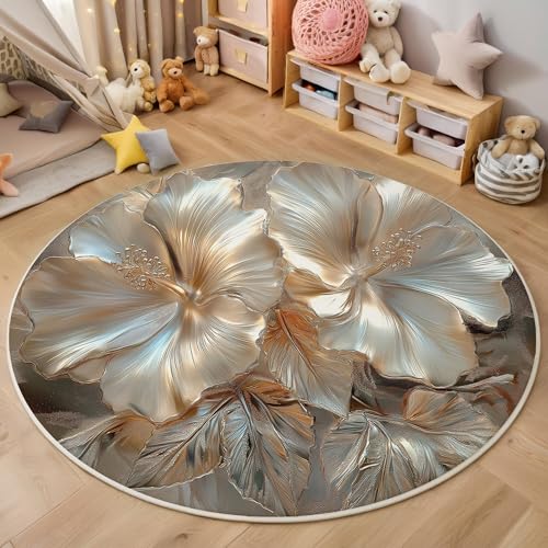 ALTCIRNMD Teppich Rund Silber Metallblumen Reppich Schlafzimmer,Innenbereich 3D Elegante Pflanzen Waschbarer rutschfest Flur Weich Fußmatte Für Wohnzimmer,Kinderzimmer,Büro Küche,100Cm von ALTCIRNMD