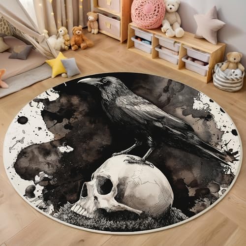 ALTCIRNMD Teppich Schädelkrähe Für Teenager 3D Aquarellkunst Teppich Schlafzimmer Wohnzimmer Dekoration Innenmatte Waschbar Schwarz Und Weiß rutschfeste Matte,100Cm von ALTCIRNMD