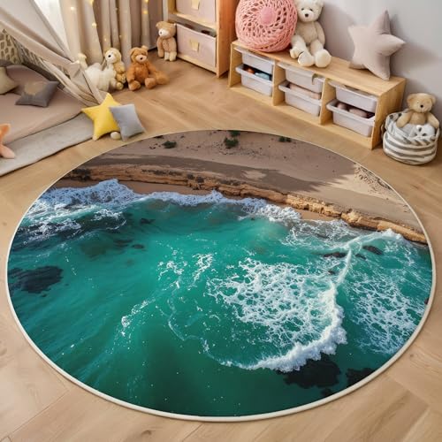 ALTCIRNMD Teppich Schaumige Wellen Für Teenager 3D Natürliche Landschaft Teppich Schlafzimmer Wohnzimmer Dekoration Innenmatte Waschbar Türkis rutschfeste Matte,180Cm von ALTCIRNMD